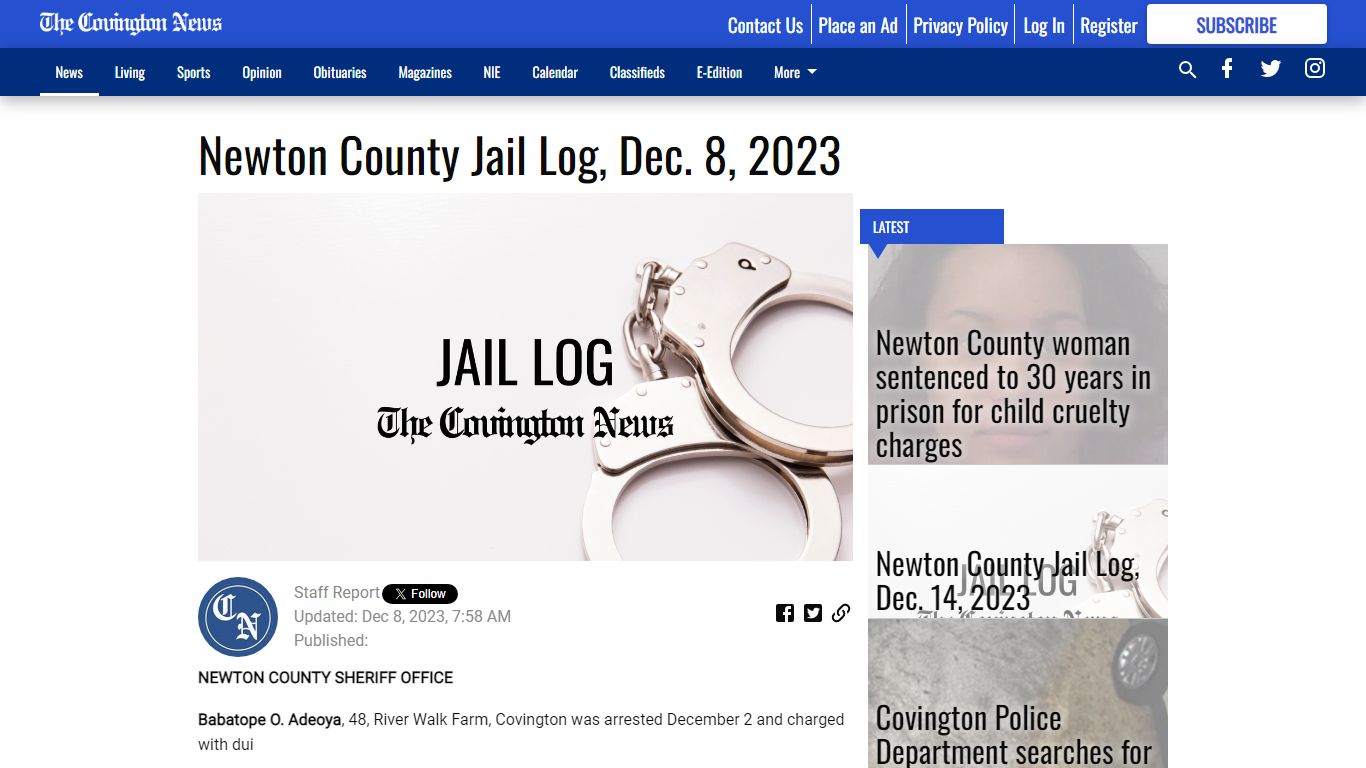 Newton County Jail Log, Dec. 8, 2023 - The Covington News